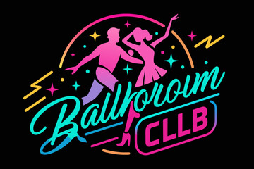 Vibrant Neon Ballroom Dance Club Signage Featuring Energetic Silhouettes of Couples, Dance Shoes, and Brush. Illuminate Your Rumba, Salsa, and Samba Nights in Style! Vector Illustration