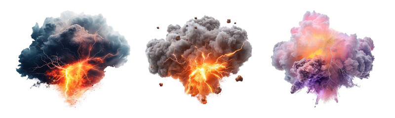 Set of smoke explosions with lightnings isolated on transparent background.