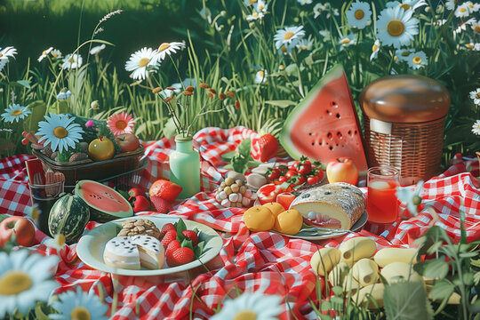 A table with a variety of fruits and a basket of berries. The table is set with wine glasses, forks, knives, and spoons. Scene is that of a casual, outdoor gathering with friends or family