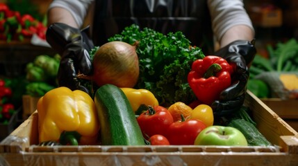 hands in black protective gloves hold a box with groceries. farmers concept. generative ai