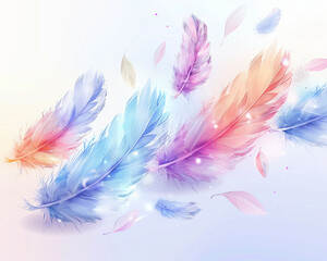 An abstract 3D vector of pastel watercolor feathers floating on a gentle breeze, set against a clean, light background
