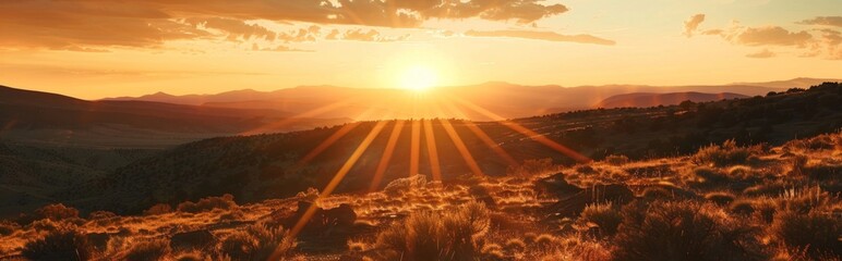 Sun Setting Over Mountain Range - obrazy, fototapety, plakaty