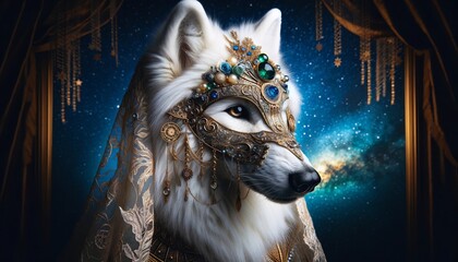 Wolf Fantasy Portrait. Wolf Animal Knight Warrior  Head Avatar. Magic Shaman White Wolf Imaginary  Artwork Illustration.