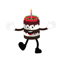 Cute sweet birthday cake cartoon character design, vintage character cartoon birthday cake, retro sticker of happy chocolate cake with candles