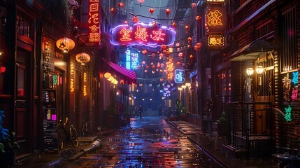 Neon signs lighting up a bustling alleyway
