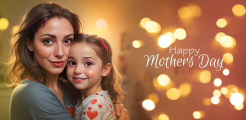 Happy Mother's Day. A banner or a greeting card. Mom and daughter hug against the background of bright lights.