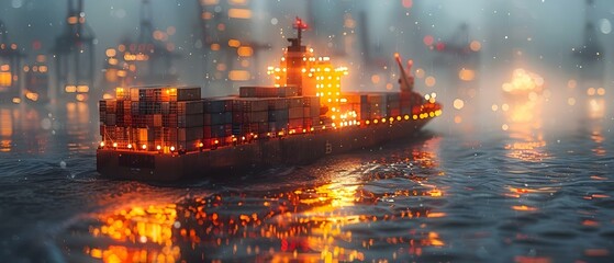 Global business symbolized by a cargo ship and laptop representing logistic technology. Concept Global Business, Cargo Ship, Logistic Technology, International Trade, Digital Commerce
