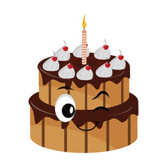 Cute sweet birthday cake cartoon character design, vintage character cartoon birthday cake, retro sticker of happy chocolate cake with candles