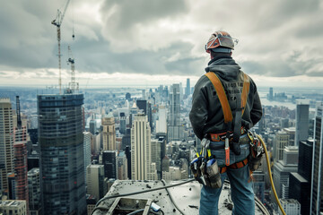 Construction Worker Overlooking City Skyline From Skyscraper - obrazy, fototapety, plakaty