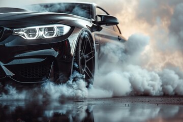 Close-up of a black car with drifting wheels in a cloud of smoke. Tire rubbing, drifting on a car...