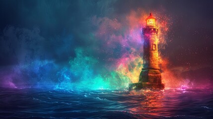 Obraz premium A lighthouse stands as a beacon of hope against a stormy sunset sky painted in dramatic shades of blue, orange, and pink.