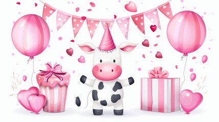   A cow wearing a party hat stands next to a gift box, balloons, and a string of heart-shaped balloons