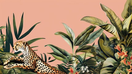   A cheetah reclines in a lush jungle of greens and blooms against a pink backdrop, with a nearby pink wall