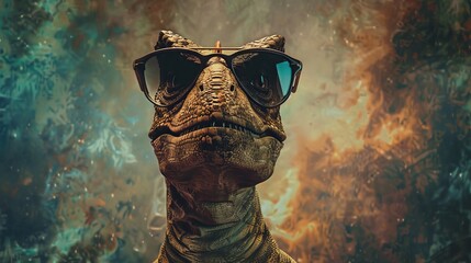 Stylish Dinosaur in Sunglasses - obrazy, fototapety, plakaty