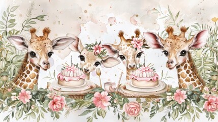   Two giraffes facing each other beside a table-top cake