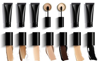 A set of vector graphics, with different shades and colors for foundation products in black tube packaging, an eye shadow palette and blushers against a white background