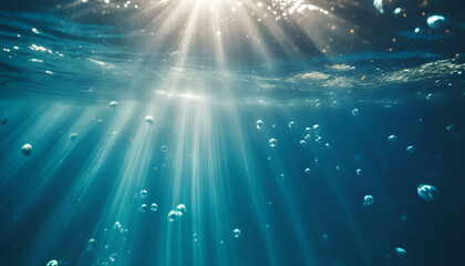 Underwater view of sunlight filtering through the water, creating bubbles and ripples on its surface. The blue green sea is visible in soft focus, with sunbeams illuminating it. Generative AI