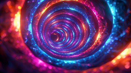 An abstract digital art piece featuring a mesmerizing spiral of neon lights with vibrant hues of pink, blue, and purple, creating a dynamic and futuristic visual.