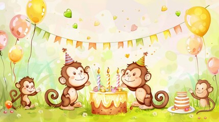  A group of monkeys seated before a cake, adorned with candles and balloons, in a verdant field A rainbow of streamers arcs overhead