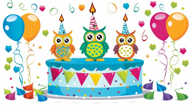   Two owls atop a birthday cake - balloons and confetti above