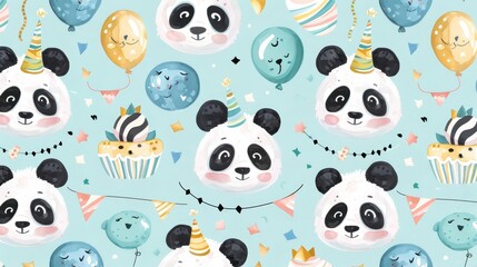   A panda bearing a birthday hat and holding a cupcake on a string, surrounded by balloons and confetti against a blue background