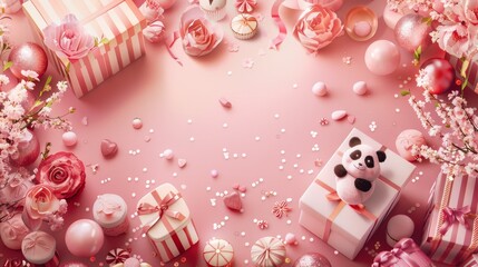   A pink background filled with presents; a panda bear atop one