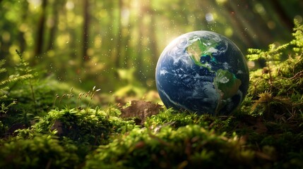 Symbiosis of Earth and Nature: Globe Resting on Verdant Forest Moss A hyper realistic image showcasing a perfectly detailed globe,