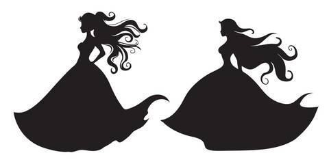 Black silhouette of a beautiful princess in a long dress. Vector illustration © Pixzot