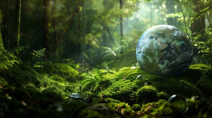 Symbiosis of Earth and Nature: Globe Resting on Verdant Forest Moss A hyper realistic image showcasing a perfectly detailed globe, - obrazy, fototapety, plakaty