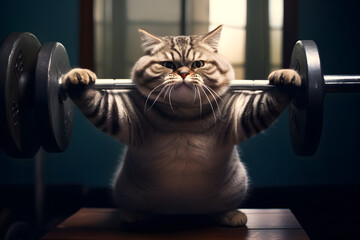 Motivated overweight cat pumping iron to slim down and embrace a fitter, more active lifestyle  Generative AI, - obrazy, fototapety, plakaty
