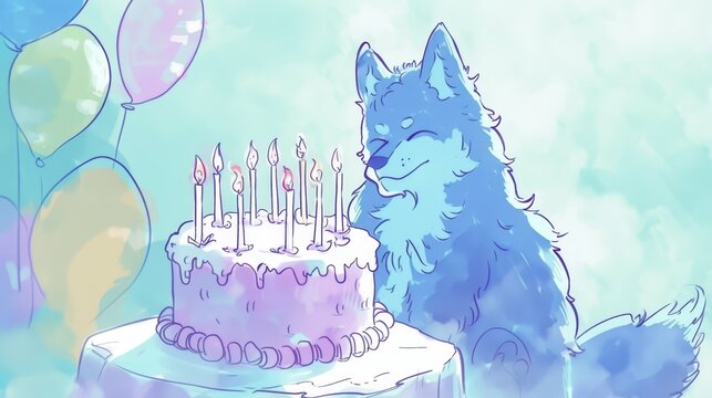   A image of a dog seated before a birthday cake, adorned with candles, and surrounded by balloons in the background