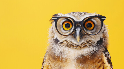 Fototapeta premium cute owl with specs isolated on a yellow background