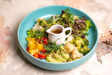 A Balanced Diet Plate With Vegetables, Salad And Dressing. Salad Bowl.
