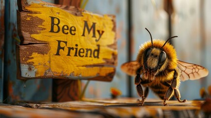 Bee Standing Next to Sign - obrazy, fototapety, plakaty