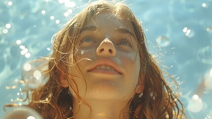   A tight shot of a woman's face encircled by water bubbles, hair billowing in the breeze