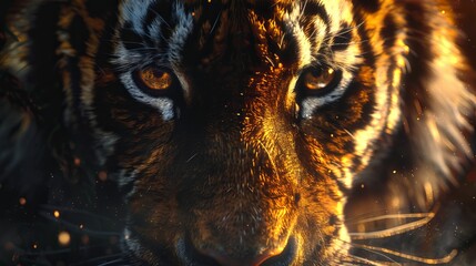 Fierce tiger's face glares from a dark abyss, captivating the viewer with its intense gaze.