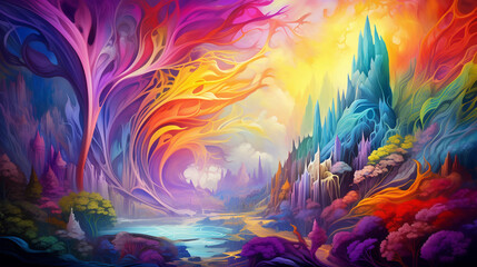 Vast Vibrant Multicolored Surreal Fantasy Landscape - obrazy, fototapety, plakaty
