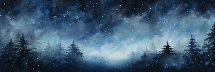 Winter Forest Scene with Snowflakes and Starry Sky. Snowy Painting Landscape. Generative AI