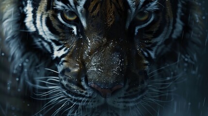 Fierce tiger's face glares from a dark abyss, captivating the viewer with its intense gaze. - obrazy, fototapety, plakaty