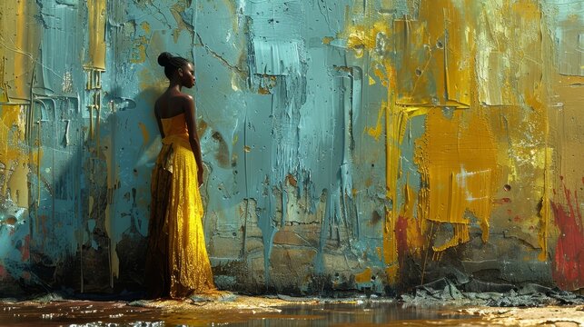   A woman in a yellow dress stands before a blue-yellow wall, its painted layers peeling