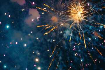 A close-up of yellow fireworks in the night sky, the 4th of July. - Powered by Adobe
