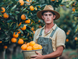 A young farmer bring a bucket of orange