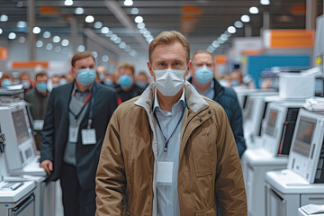 A masked man in the office against the background of a crowd of people. Virus spread prevention notice. Social health practice.