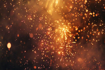 A close-up of yellow fireworks in the night sky, the 4th of July. - obrazy, fototapety, plakaty
