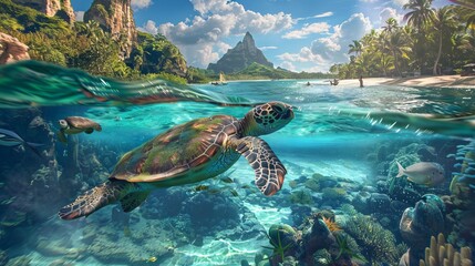 Immerse yourself in the serene beauty of a sea turtle's journey through crystal-clear waters, set against the backdrop of a majestic tropical island.