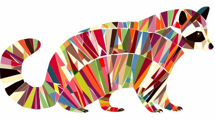   A raccoon composed of various-sized, multicolored strips against a white backdrop