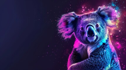   A koala up-close against black backdrop, colored sky above with stars