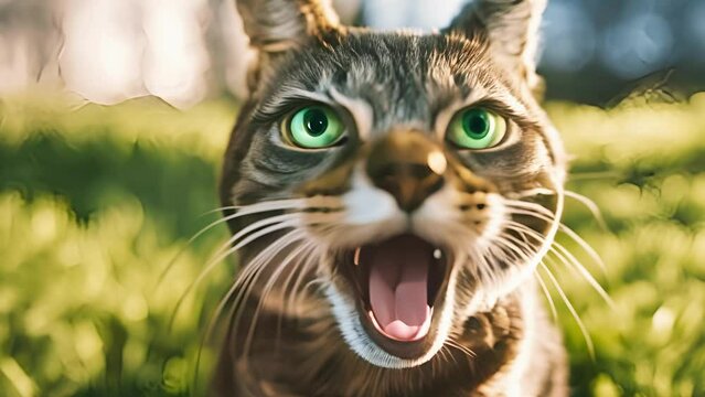 Shocked Tabby cat with striking green eyes, mouth open in garden. Very surprised kitten. Moment of feline astonishment. Concept of pet emotions, curious cats, animal expressions. Motion