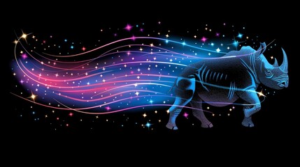   A rhino drawing with a long mane against a star-filled night sky on black background - obrazy, fototapety, plakaty