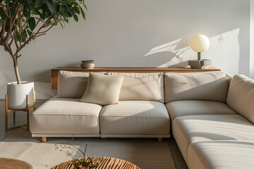 Living Room With White Couch and Potted Plant